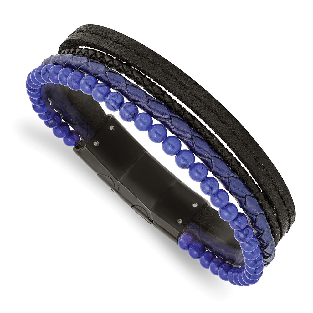 Black Plated Stainless Steel, Lapis, Leather Strand Bracelet, 7.5-8 In, Item B19006 by The Black Bow Jewelry Co.
