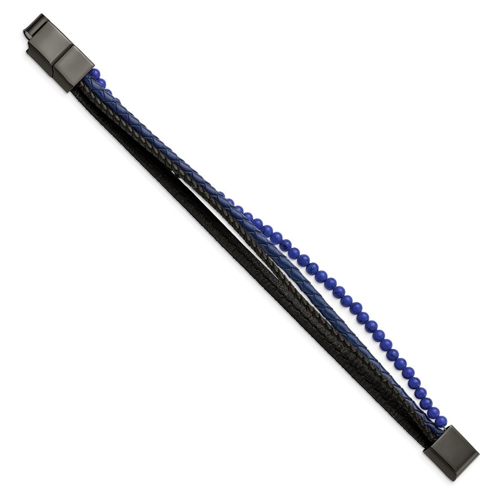 Alternate view of the Black Plated Stainless Steel, Lapis, Leather Strand Bracelet, 7.5-8 In by The Black Bow Jewelry Co.