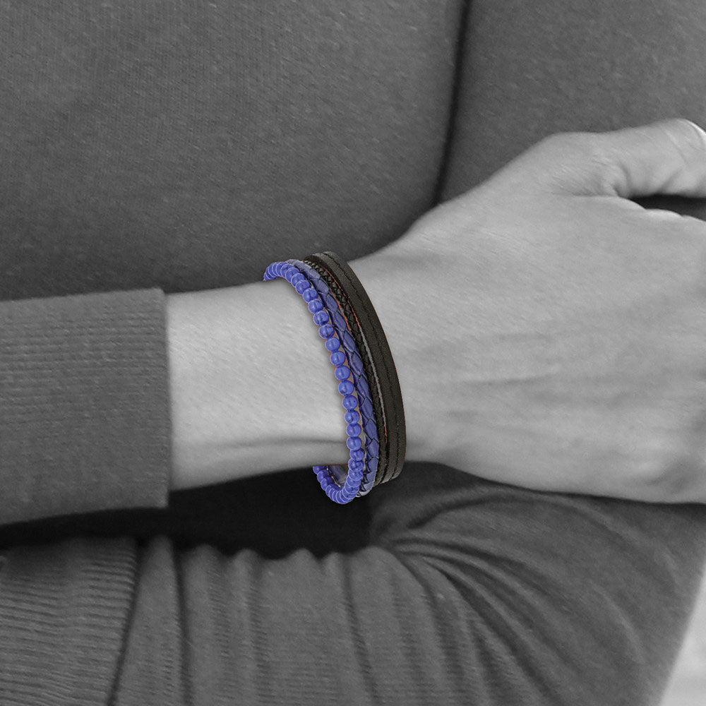 Alternate view of the Black Plated Stainless Steel, Lapis, Leather Strand Bracelet, 7.5-8 In by The Black Bow Jewelry Co.