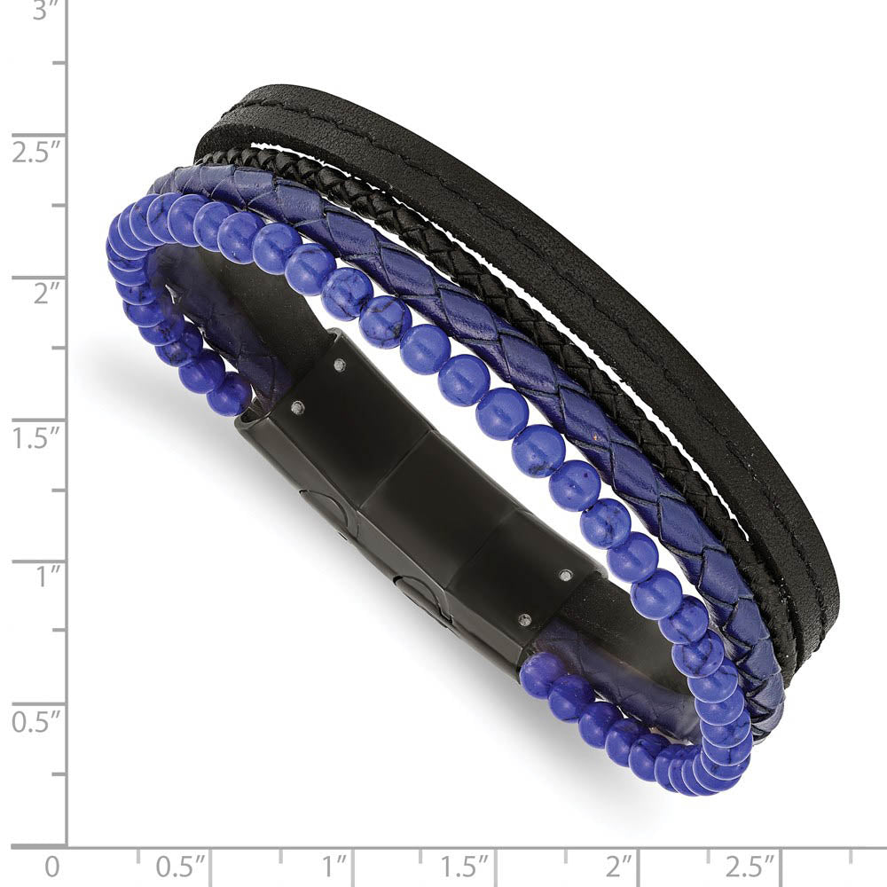 Alternate view of the Black Plated Stainless Steel, Lapis, Leather Strand Bracelet, 7.5-8 In by The Black Bow Jewelry Co.