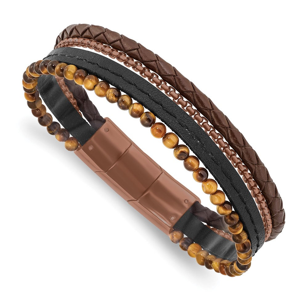 Brown Plated Stainless Steel, Tiger Eye, Leather Bracelet, 7.5-8 Inch, Item B19007 by The Black Bow Jewelry Co.