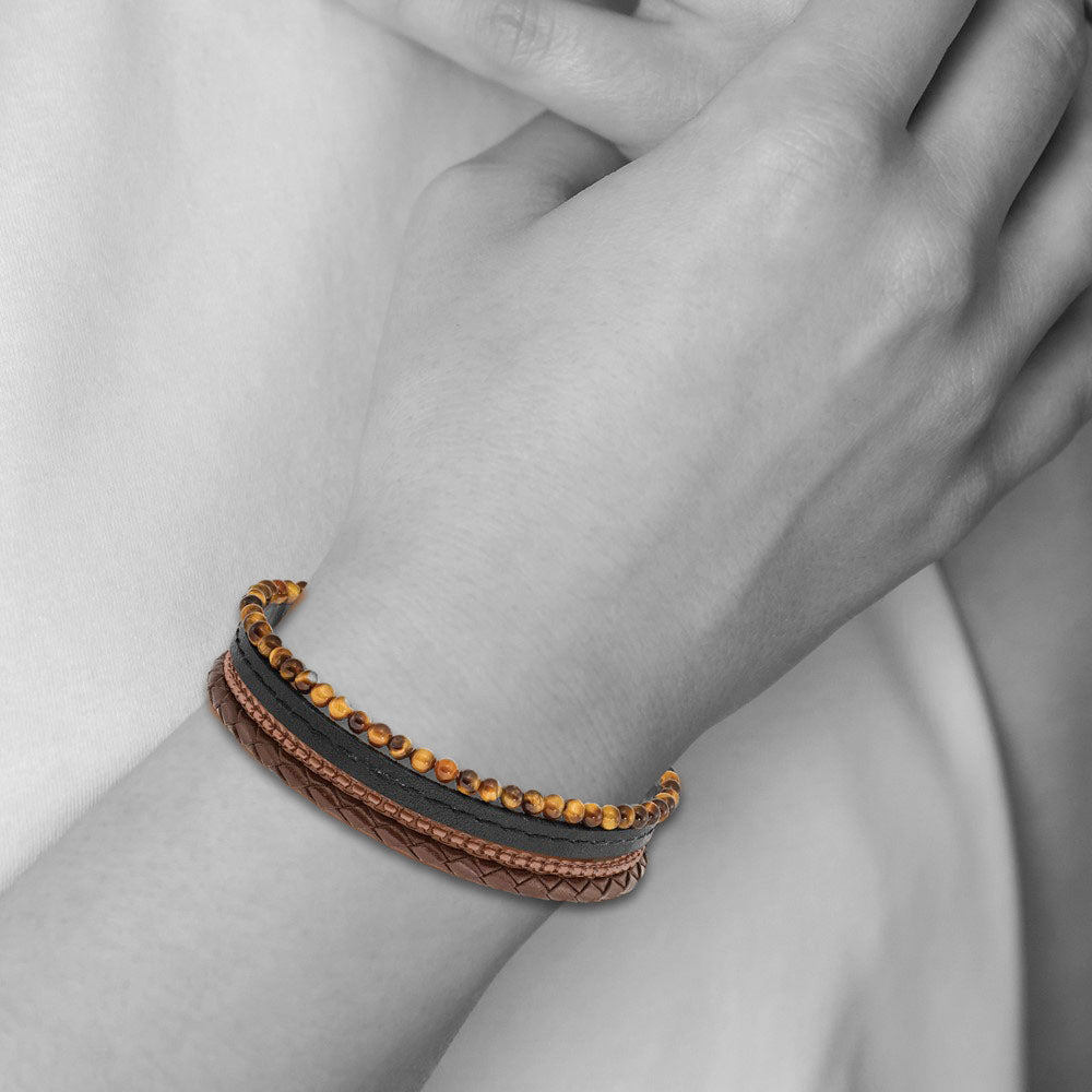 Alternate view of the Brown Plated Stainless Steel, Tiger Eye, Leather Bracelet, 7.5-8 Inch by The Black Bow Jewelry Co.