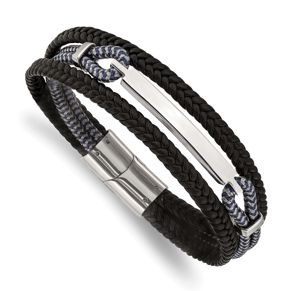 Stainless Steel Leather &amp; Cotton Multi Strand I.D. Bracelet, 8.25 Inch, Item B19009 by The Black Bow Jewelry Co.