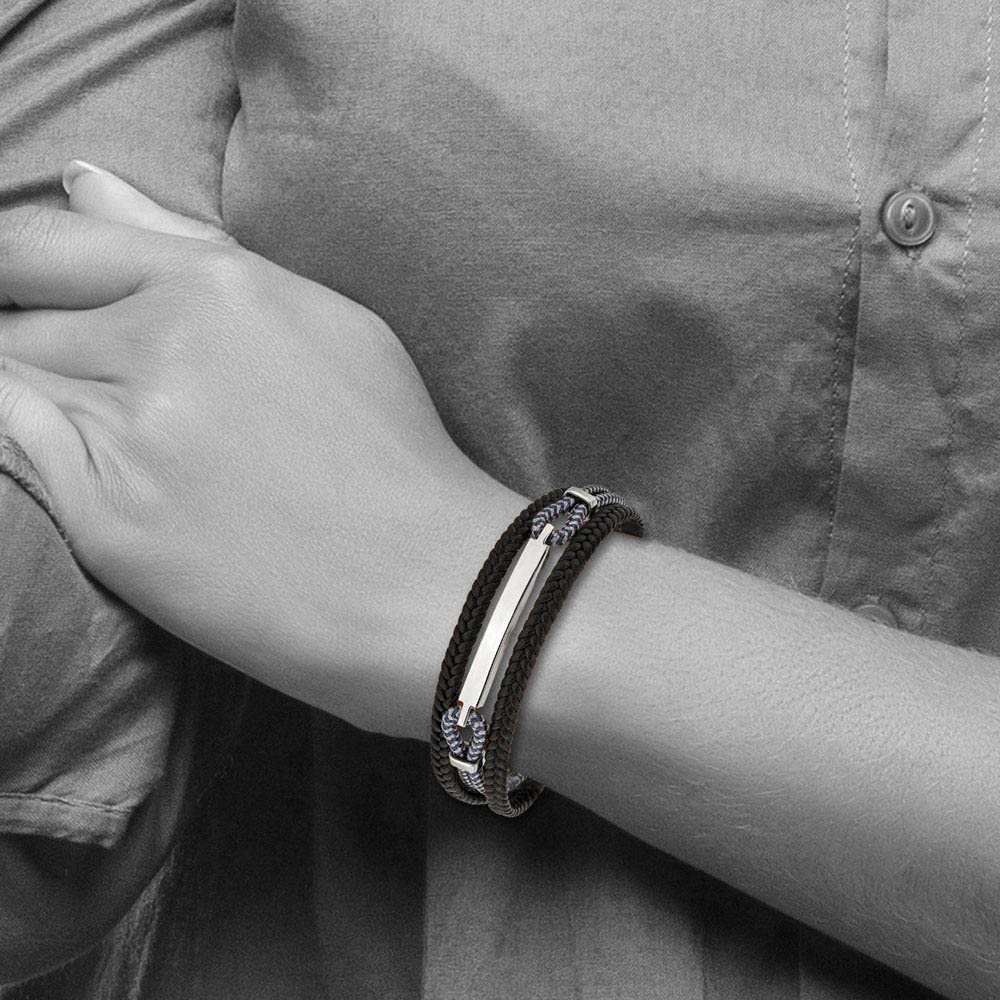 Alternate view of the Stainless Steel Leather & Cotton Multi Strand I.D. Bracelet, 8.25 Inch by The Black Bow Jewelry Co.
