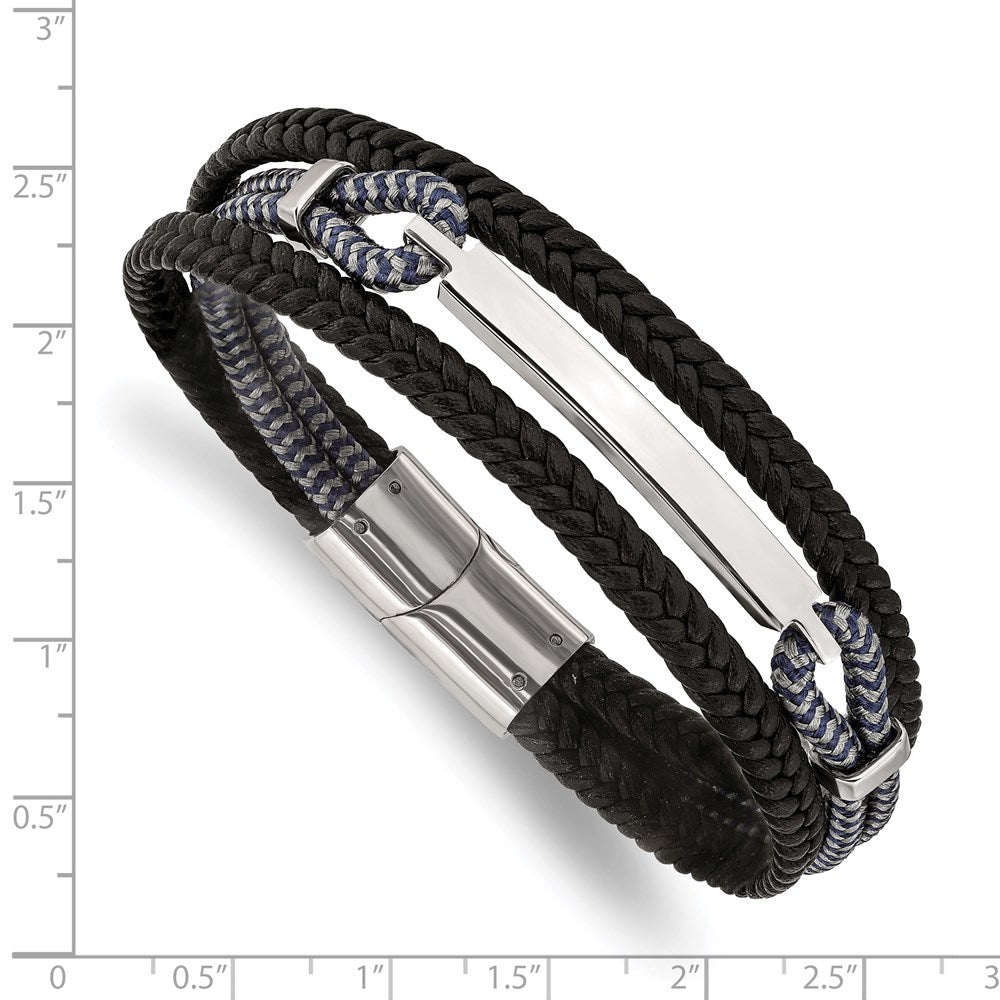 Alternate view of the Stainless Steel Leather &amp; Cotton Multi Strand I.D. Bracelet, 8.25 Inch by The Black Bow Jewelry Co.