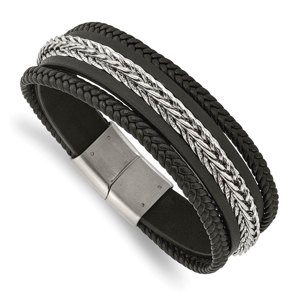 23mm Stainless Steel & Black Leather Multi Strand Bracelet, 8.5 Inch, Item B19010 by The Black Bow Jewelry Co.