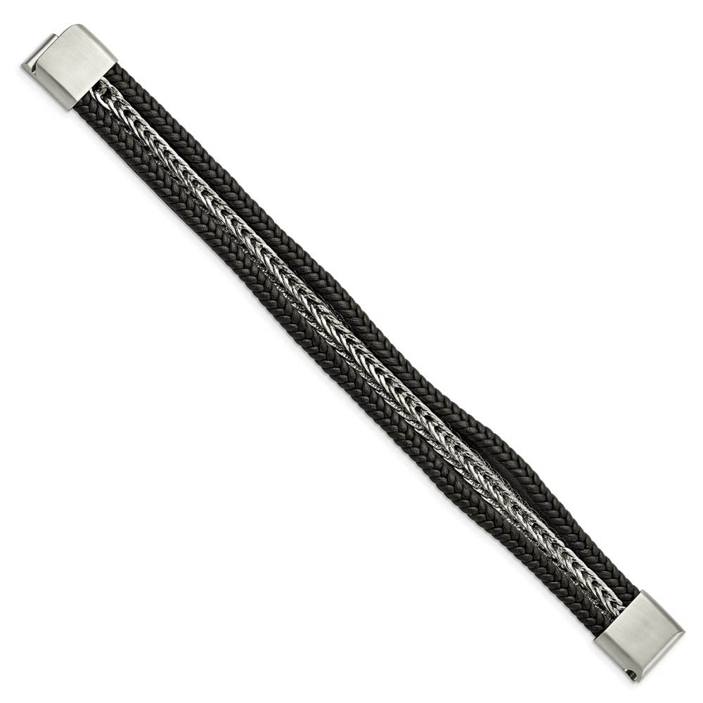 Alternate view of the 23mm Stainless Steel & Black Leather Multi Strand Bracelet, 8.5 Inch by The Black Bow Jewelry Co.