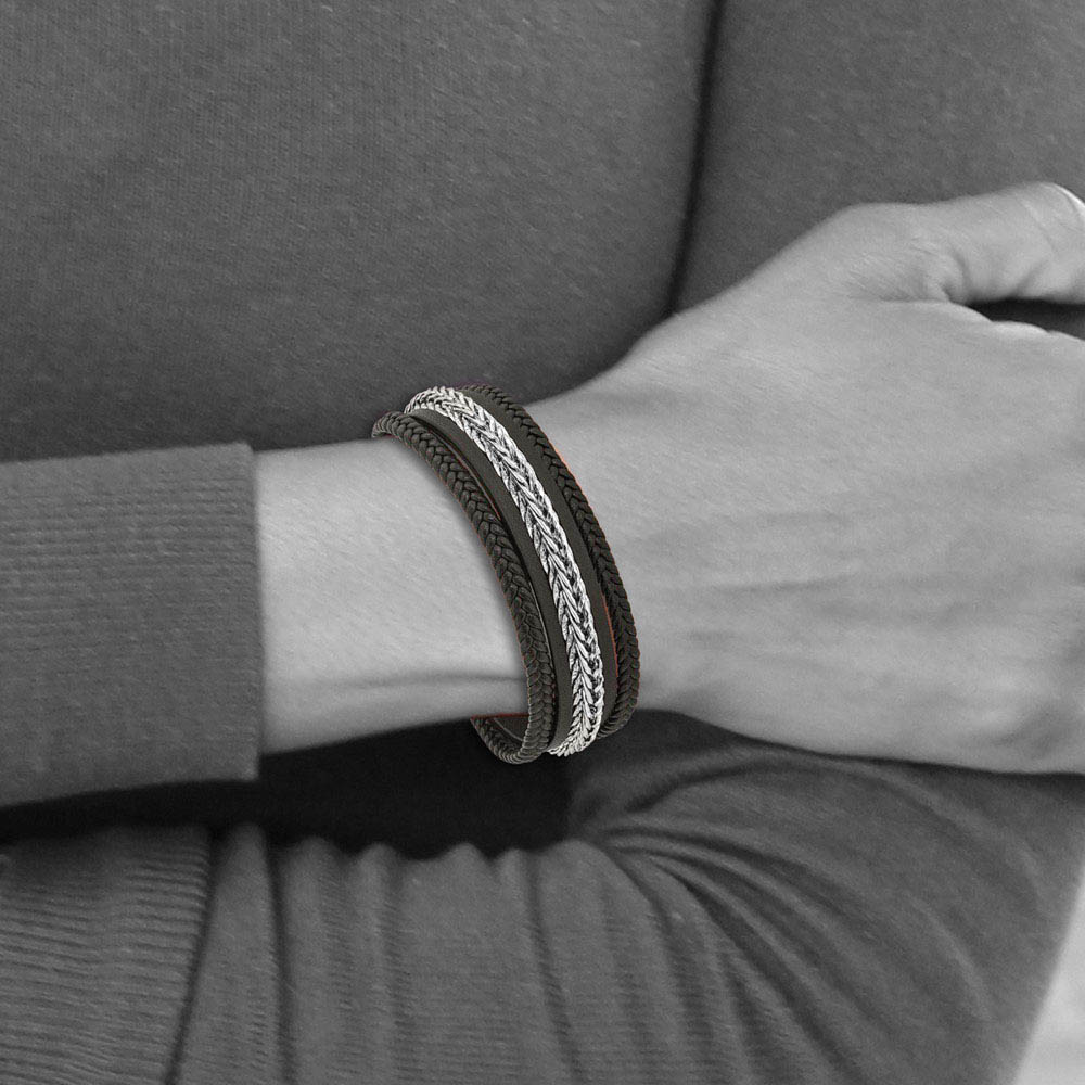 Alternate view of the 23mm Stainless Steel & Black Leather Multi Strand Bracelet, 8.5 Inch by The Black Bow Jewelry Co.