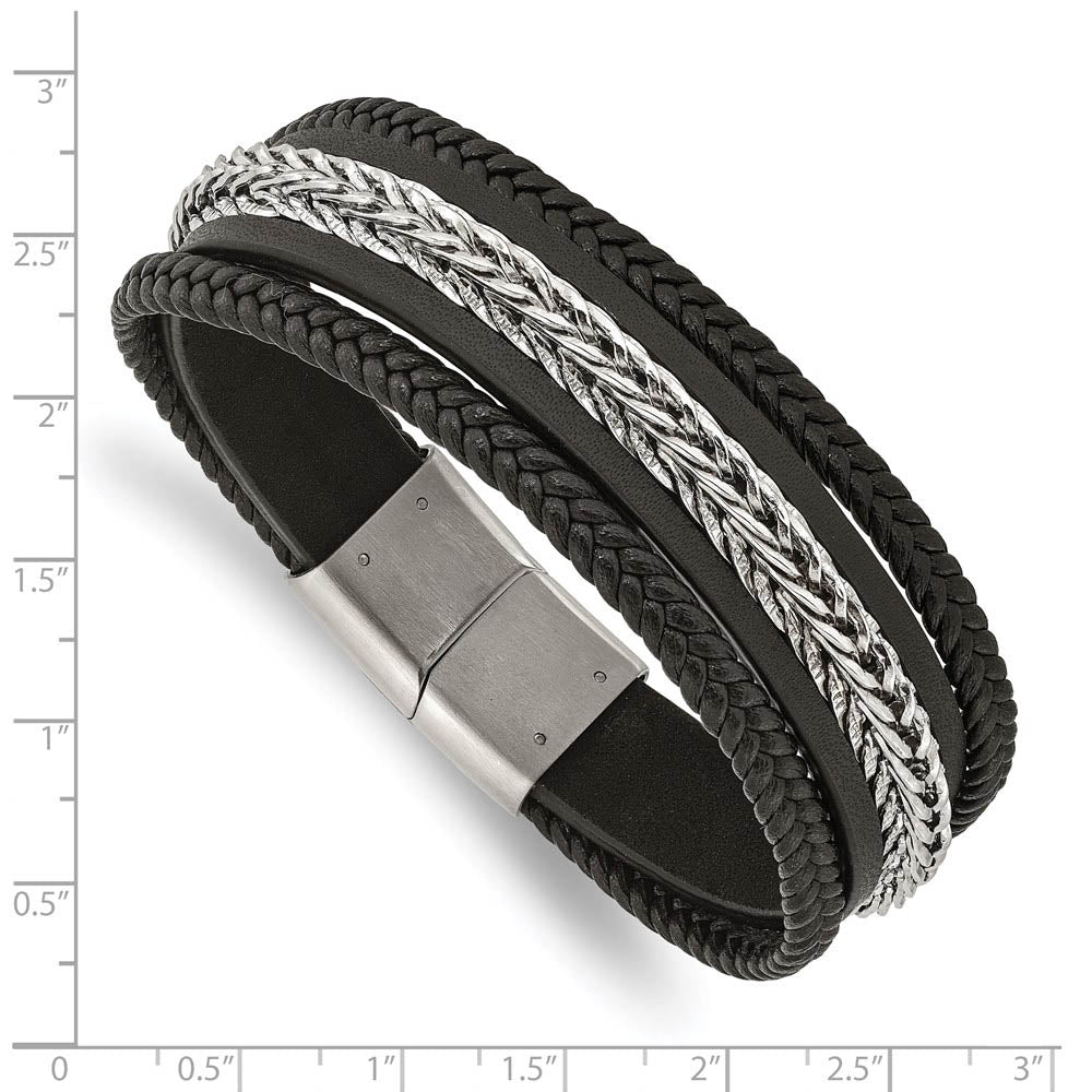 Alternate view of the 23mm Stainless Steel & Black Leather Multi Strand Bracelet, 8.5 Inch by The Black Bow Jewelry Co.