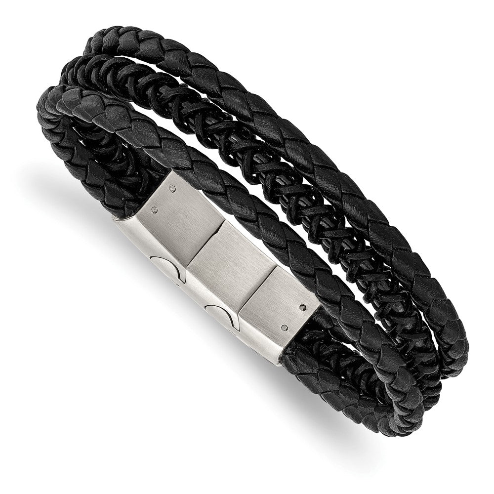 Two Tone Stainless Steel Black Leather Adj. Strand Bracelet, 7.5-8 In, Item B19011 by The Black Bow Jewelry Co.