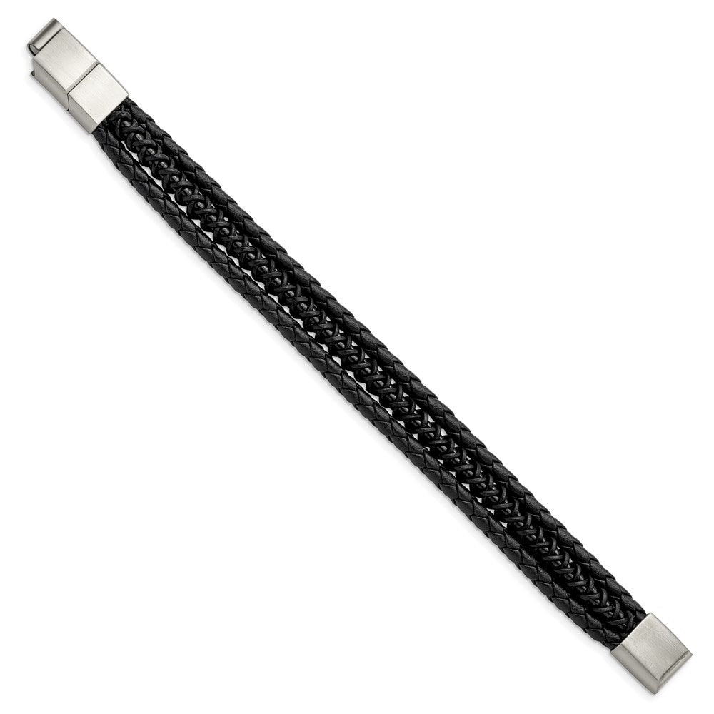 Alternate view of the Two Tone Stainless Steel Black Leather Adj. Strand Bracelet, 7.5-8 In by The Black Bow Jewelry Co.