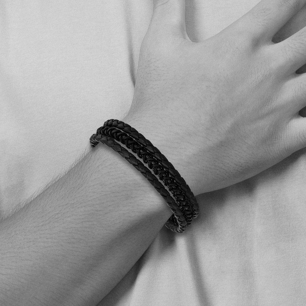 Alternate view of the Two Tone Stainless Steel Black Leather Adj. Strand Bracelet, 7.5-8 In by The Black Bow Jewelry Co.