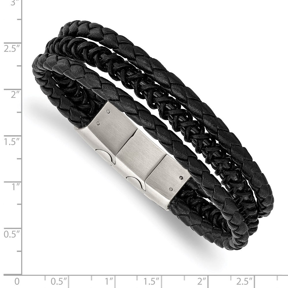 Alternate view of the Two Tone Stainless Steel Black Leather Adj. Strand Bracelet, 7.5-8 In by The Black Bow Jewelry Co.