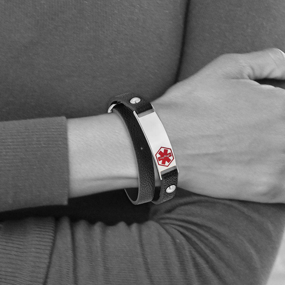 Alternate view of the Ladies Stainless Steel Leather Medical I.D. Wrap Bracelet, 6.75 Inch by The Black Bow Jewelry Co.