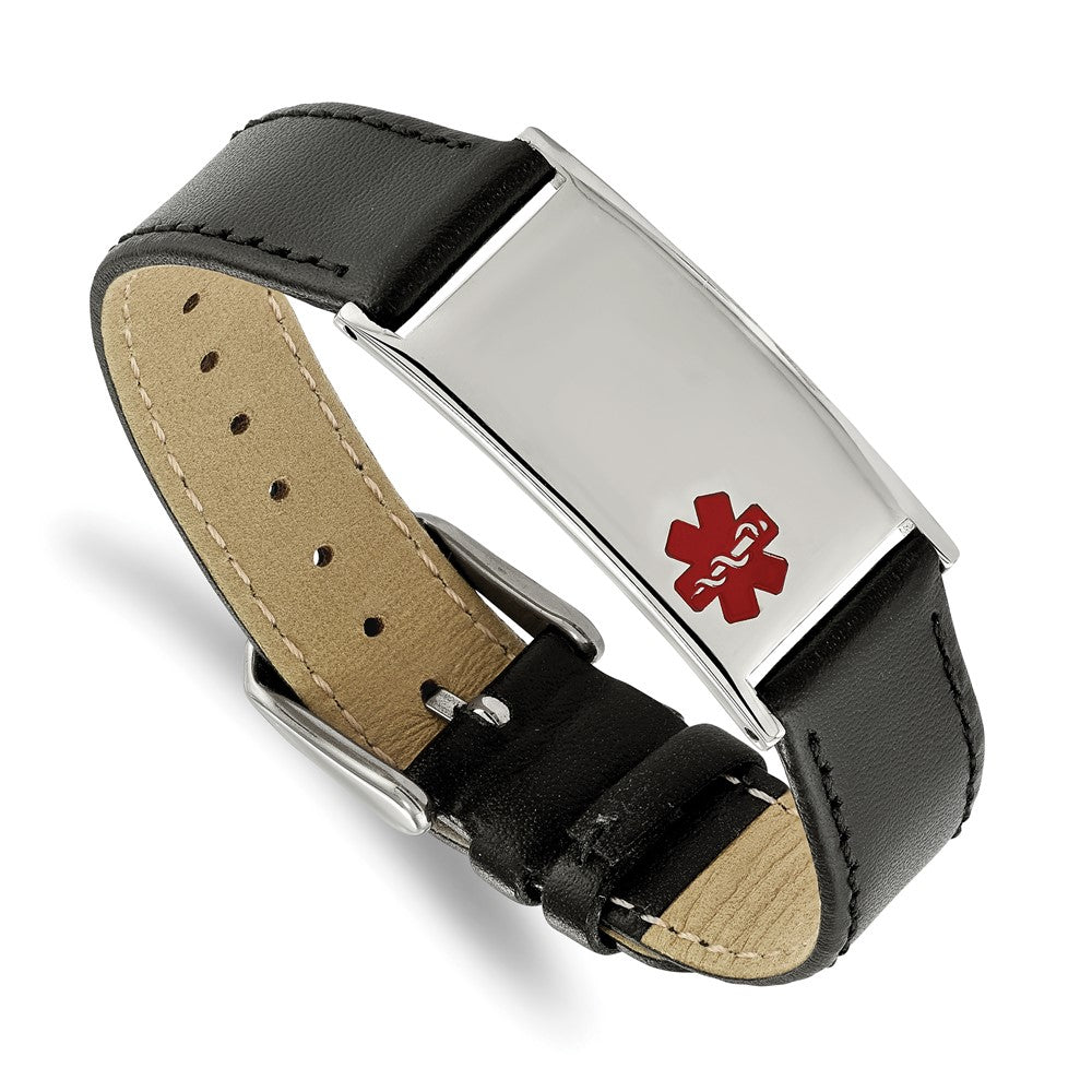 Stainless Steel Enamel Leather Medical I.D. Bracelet, 6.5 - 8.25 Inch, Item B19015 by The Black Bow Jewelry Co.
