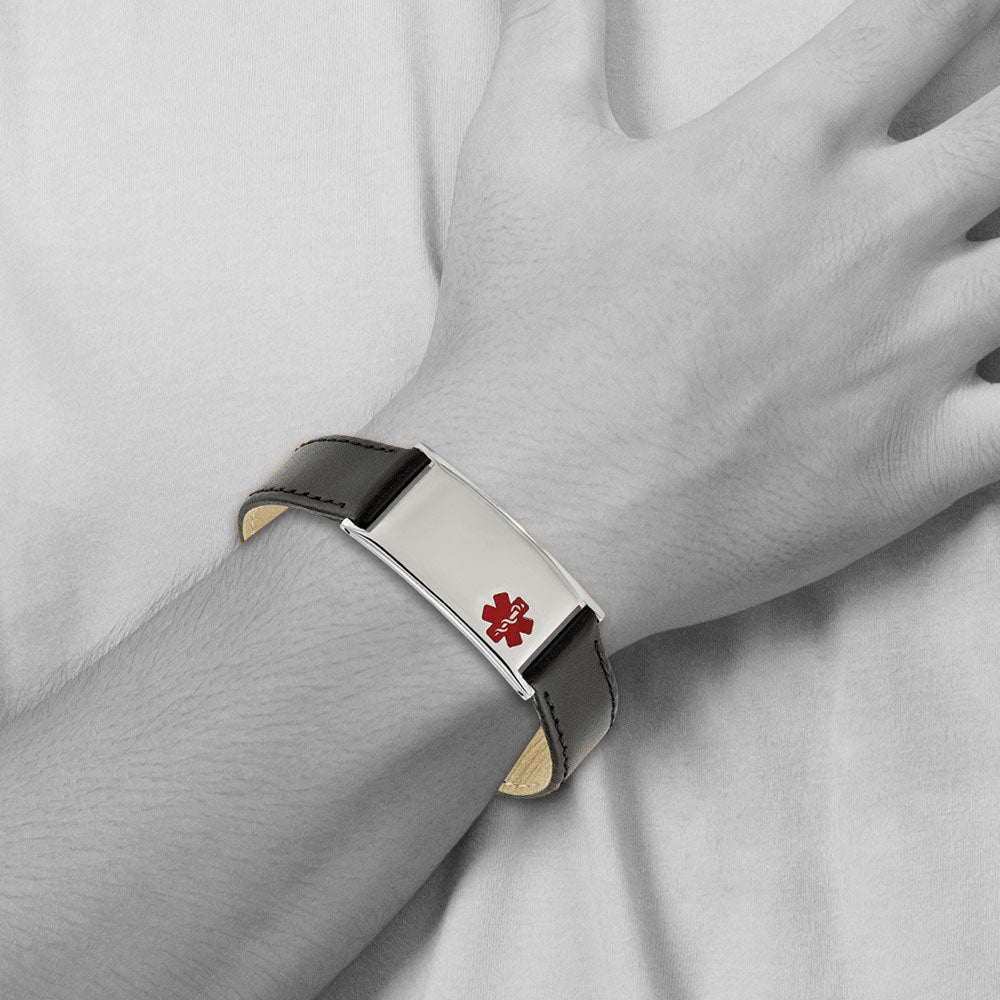 Alternate view of the Stainless Steel Enamel Leather Medical I.D. Bracelet, 6.5 - 8.25 Inch by The Black Bow Jewelry Co.