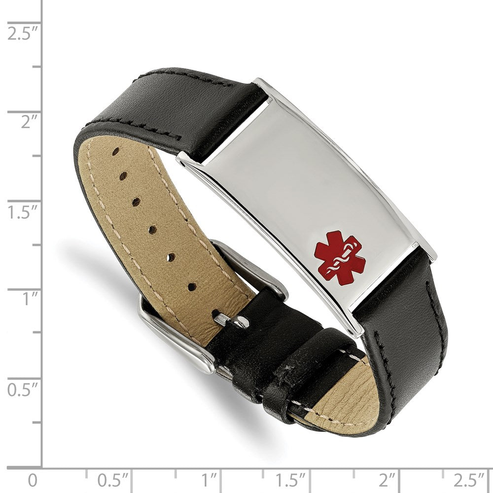 Alternate view of the Stainless Steel Enamel Leather Medical I.D. Bracelet, 6.5 - 8.25 Inch by The Black Bow Jewelry Co.