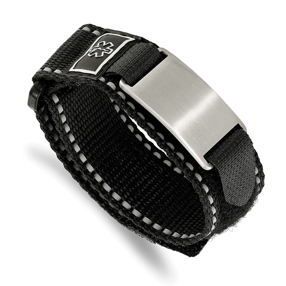 24mm Stainless Steel Black Nylon Velcro Medical I.D. Bracelet, 6-8.5in, Item B19017 by The Black Bow Jewelry Co.