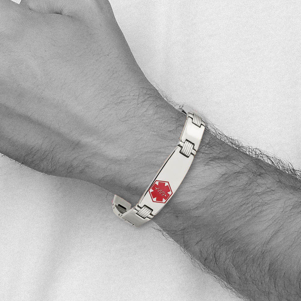 Alternate view of the Men's 11mm Stainless Steel Red Enamel Medical I.D. Bracelet, 8.25 Inch by The Black Bow Jewelry Co.