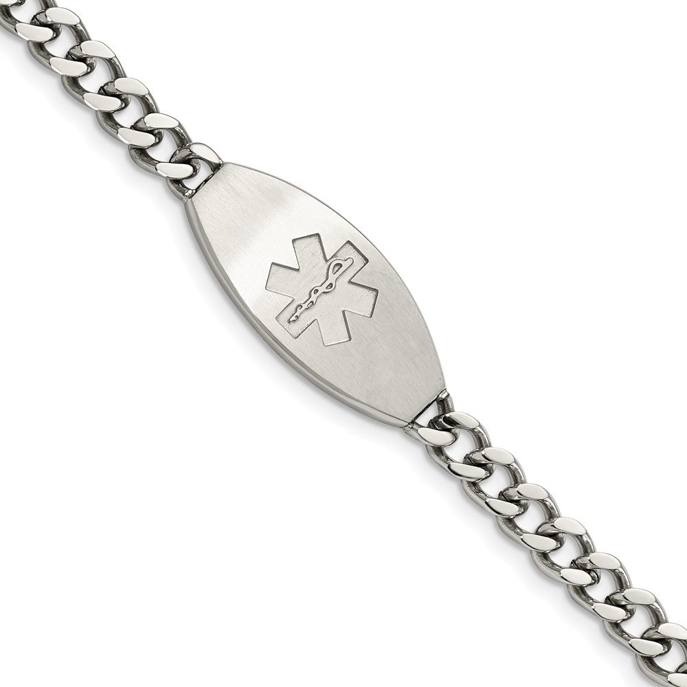 Stainless Steel Brushed Oval Medical I.D. Curb Bracelet, 8.5 Inch, Item B19019 by The Black Bow Jewelry Co.