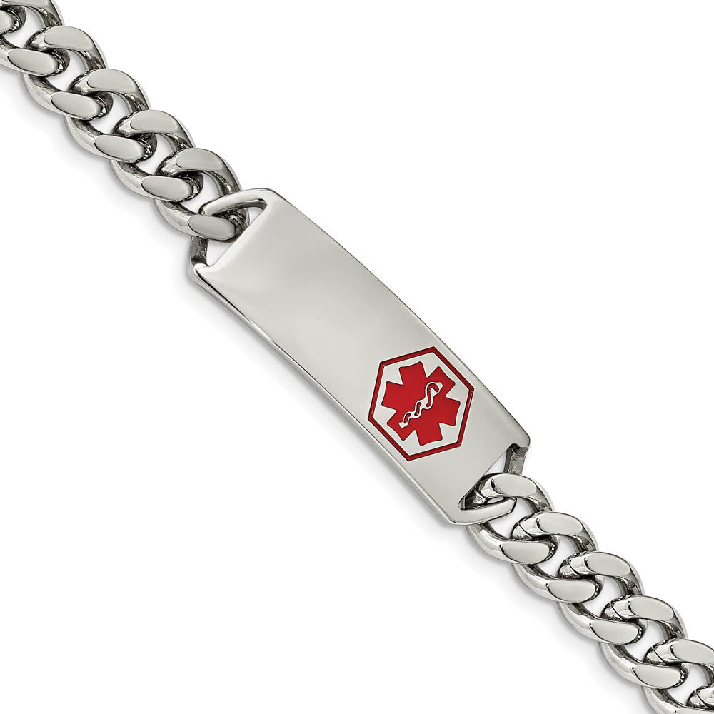 Men's Stainless Steel Red Enamel Medical I.D. Curb Bracelet, 8 Inch, Item B19020 by The Black Bow Jewelry Co.