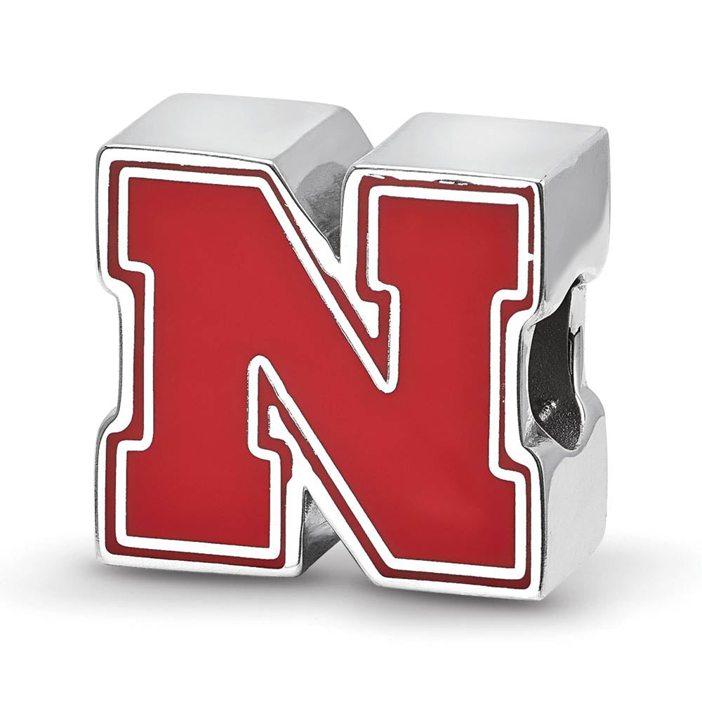 Sterling Silver Rhodium Plated U of Nebraska Enamel 1-Sided Bead Charm, Item B19054 by The Black Bow Jewelry Co.