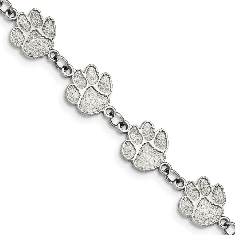 Stainless Steel Clemson U. Tiger Paw Link Bracelet, 7 - 8.5 Inch, Item B19269 by The Black Bow Jewelry Co.