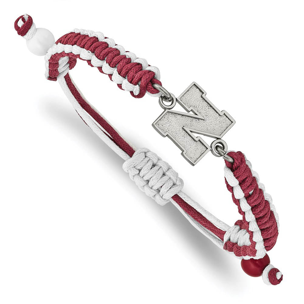 Stainless Steel University of Nebraska Adj Nylon Cord Bracelet, 9 Inch, Item B19345 by The Black Bow Jewelry Co.