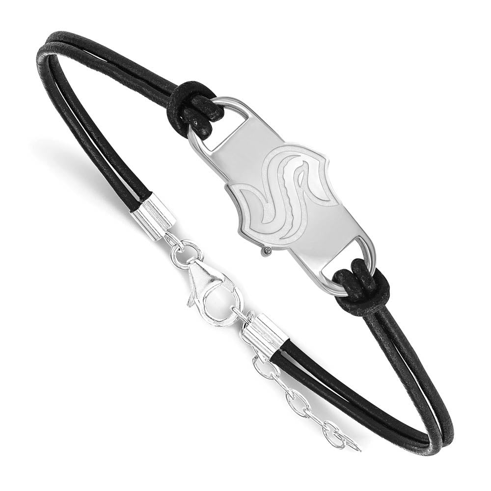 Sterling Silver Rhod. Plated NHL Seattle Kraken Leather Bracelet, 7 In, Item B19381 by The Black Bow Jewelry Co.