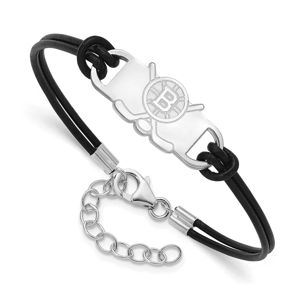 Sterling Silver Rhodium Plated NHL Boston Bruins Leather Bracelet 7 In, Item B19385 by The Black Bow Jewelry Co.