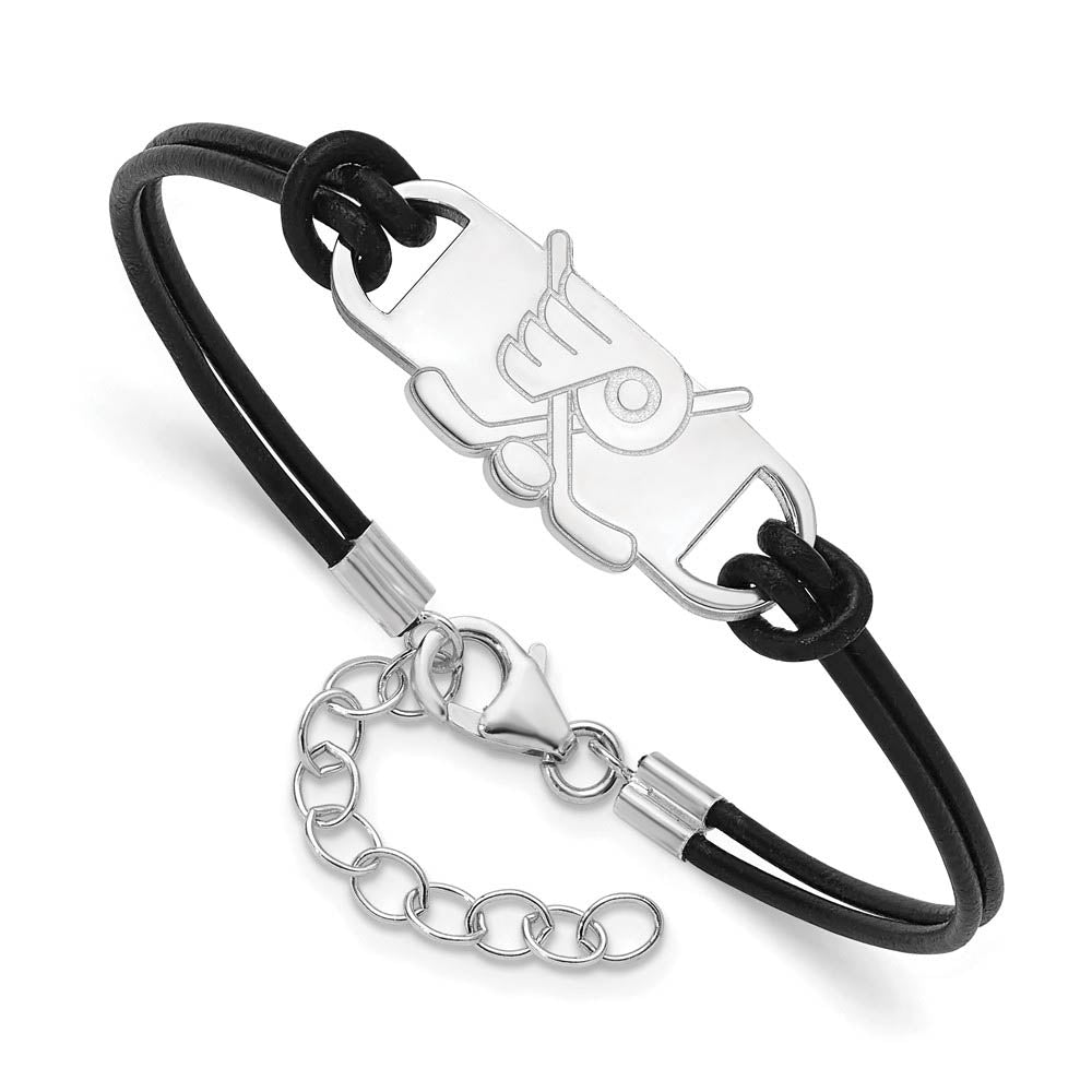 Sterling Silver Rhod-Plated NHL Philly Flyers Leather Bracelet, 7 Inch, Item B19423 by The Black Bow Jewelry Co.