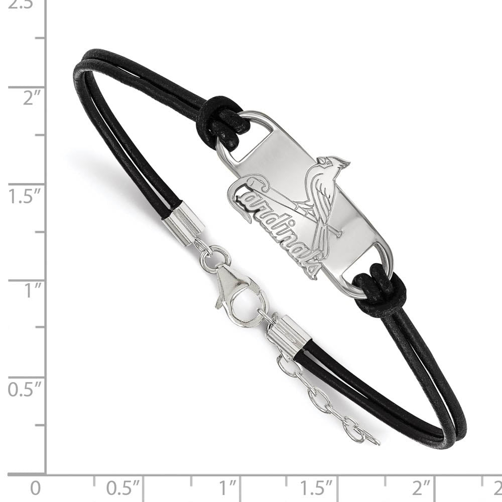 Alternate view of the Sterling Silver Rhod-Plated MLB Cardinals Leather Bracelet, 7 In by The Black Bow Jewelry Co.