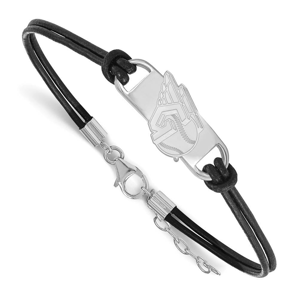 Sterling Silver Rhod-Plated MLB Cleve Guardians Leather Bracelet, 7 In, Item B19454 by The Black Bow Jewelry Co.