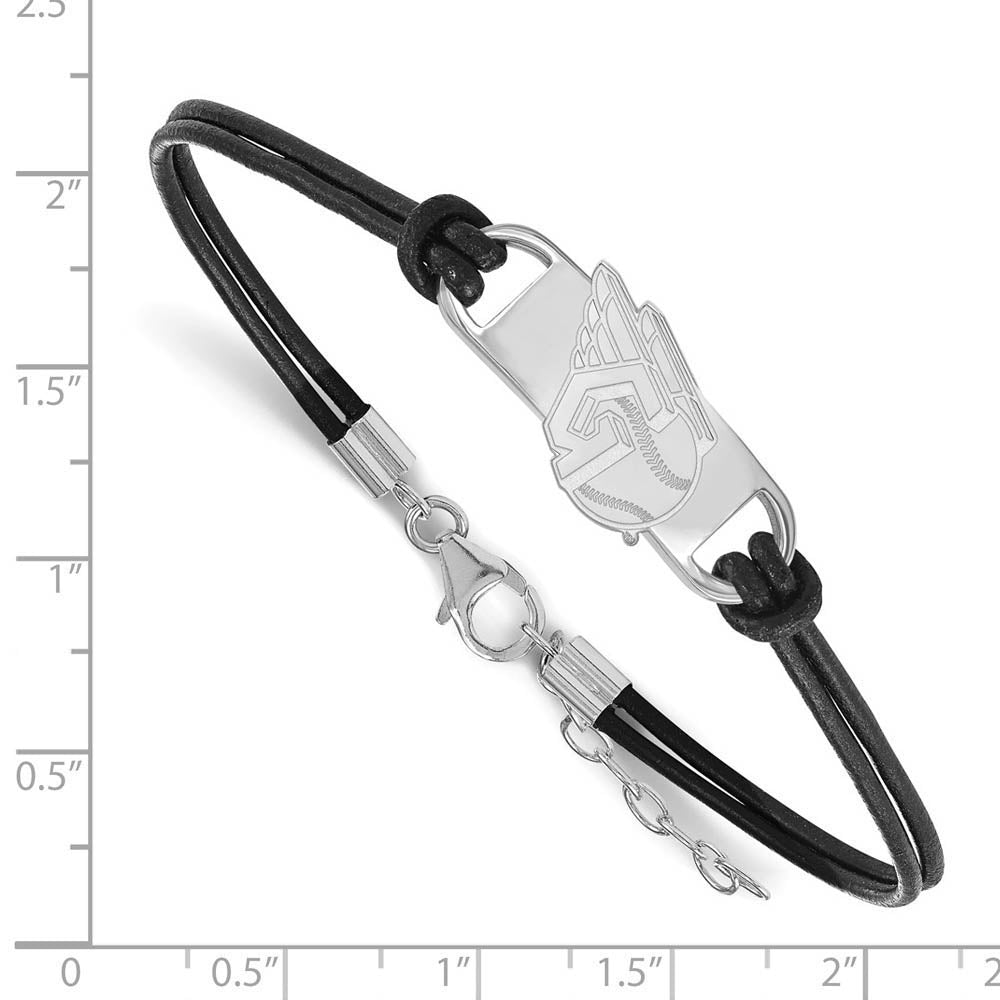 Alternate view of the Sterling Silver Rhod-Plated MLB Cleve Guardians Leather Bracelet, 7 In by The Black Bow Jewelry Co.