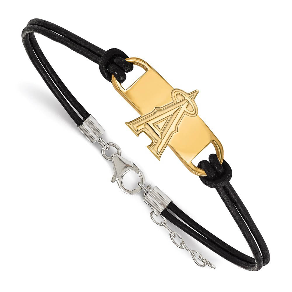 14K Yellow Gold Plated S.S. MLB LA Angels Leather Bracelet, 7 In, Item B19573 by The Black Bow Jewelry Co.