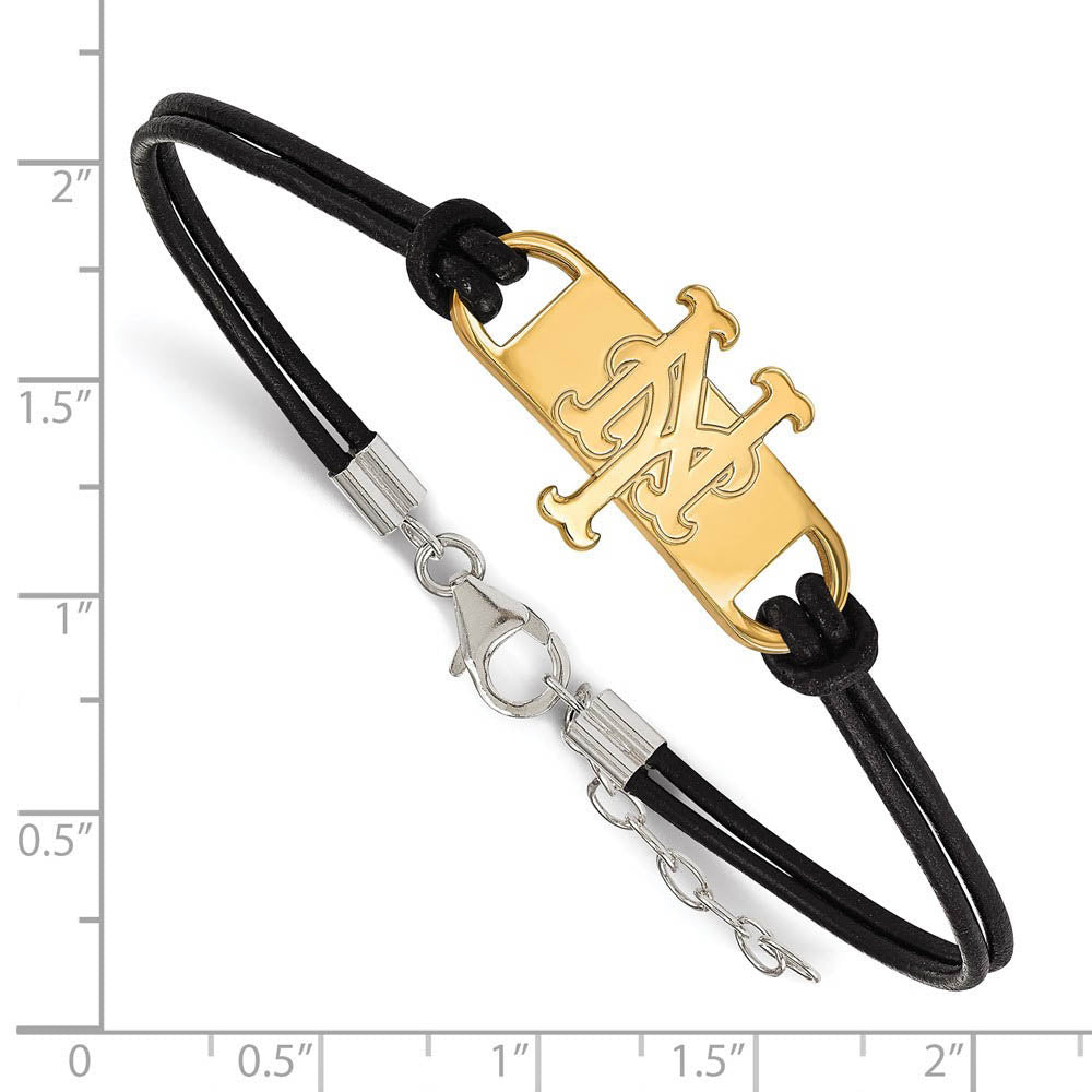 Alternate view of the 14K Yellow Gold Plated S.S. MLB New York Mets Leather Bracelet, 7 In by The Black Bow Jewelry Co.