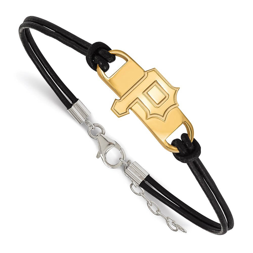 14K Yellow Gold Plated S.S. MLB Pitts. Pirates Leather Bracelet, 7 In, Item B19593 by The Black Bow Jewelry Co.