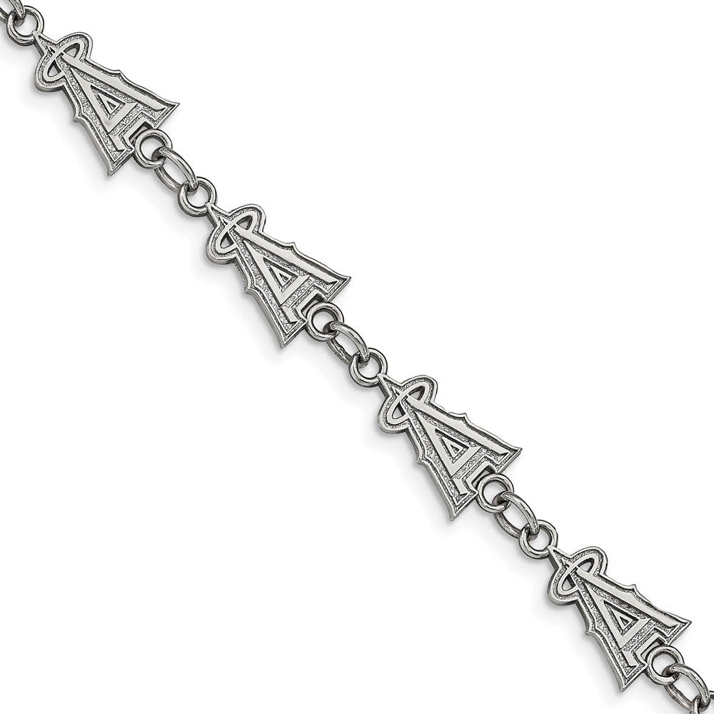 Stainless Steel MLB Los Angeles Angels Link Bracelet, 7 to 8.5 Inch, Item B19646 by The Black Bow Jewelry Co.