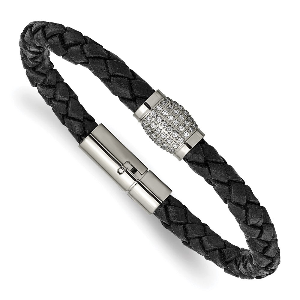 10mm Titanium, Black Leather, & CZ Magnetic Clasp Bracelet, 7.5 Inch, Item B19700 by The Black Bow Jewelry Co.