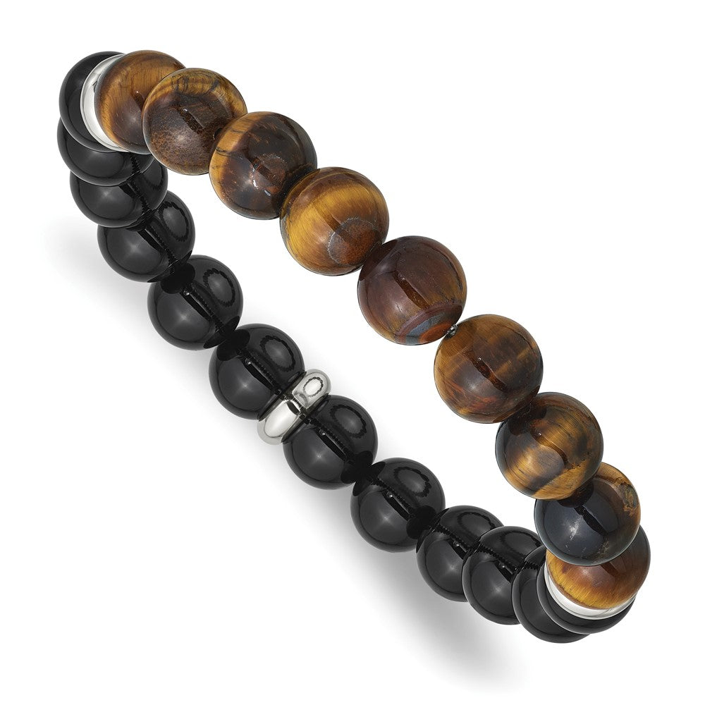 10.5mm Stainless Steel Black Agate Tiger Eye Stretch Bracelet, 7.25 In, Item B19903 by The Black Bow Jewelry Co.
