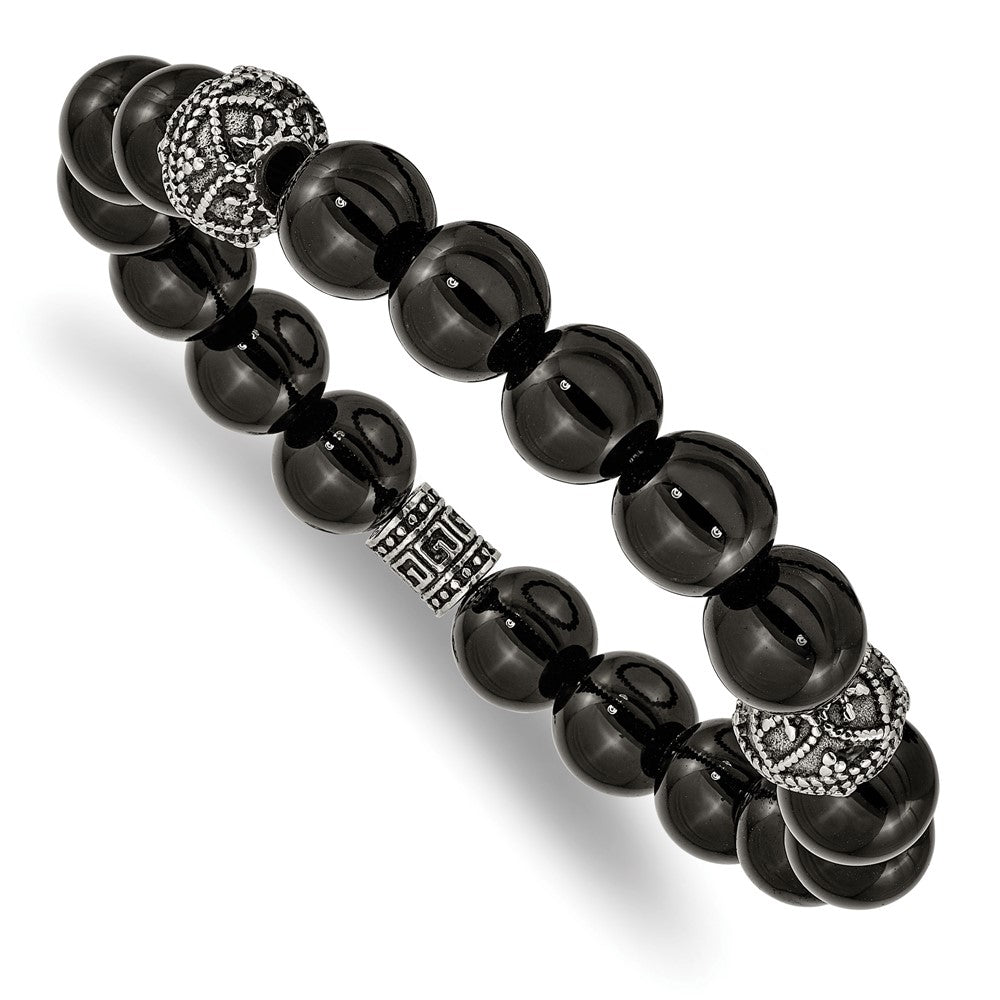 10mm Stainless Steel & Black Agate Bead Stretch Bracelet, 6.75 Inch, Item B19904 by The Black Bow Jewelry Co.
