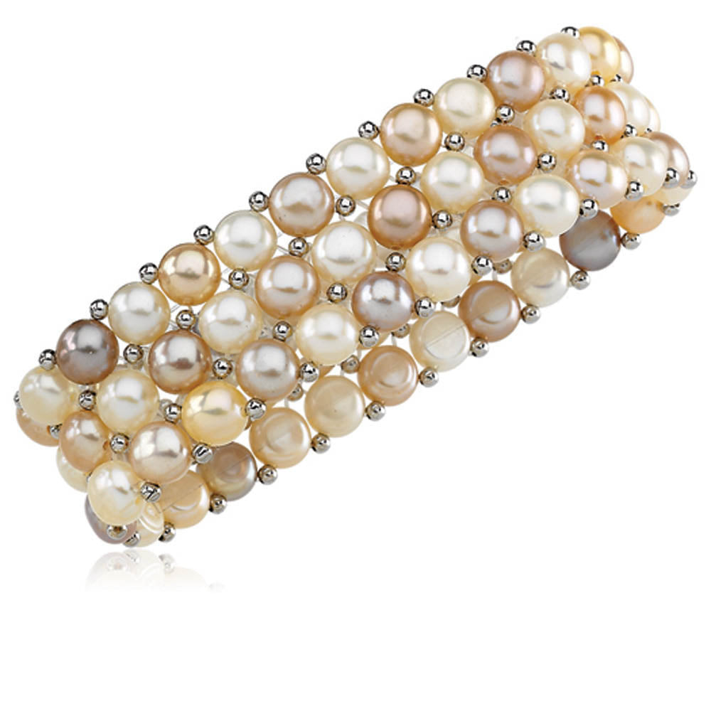 FW Cultured Natural Button Pearl & Silver Bead Stretch Bracelet (6mm), Item B8015-SS by The Black Bow Jewelry Co.