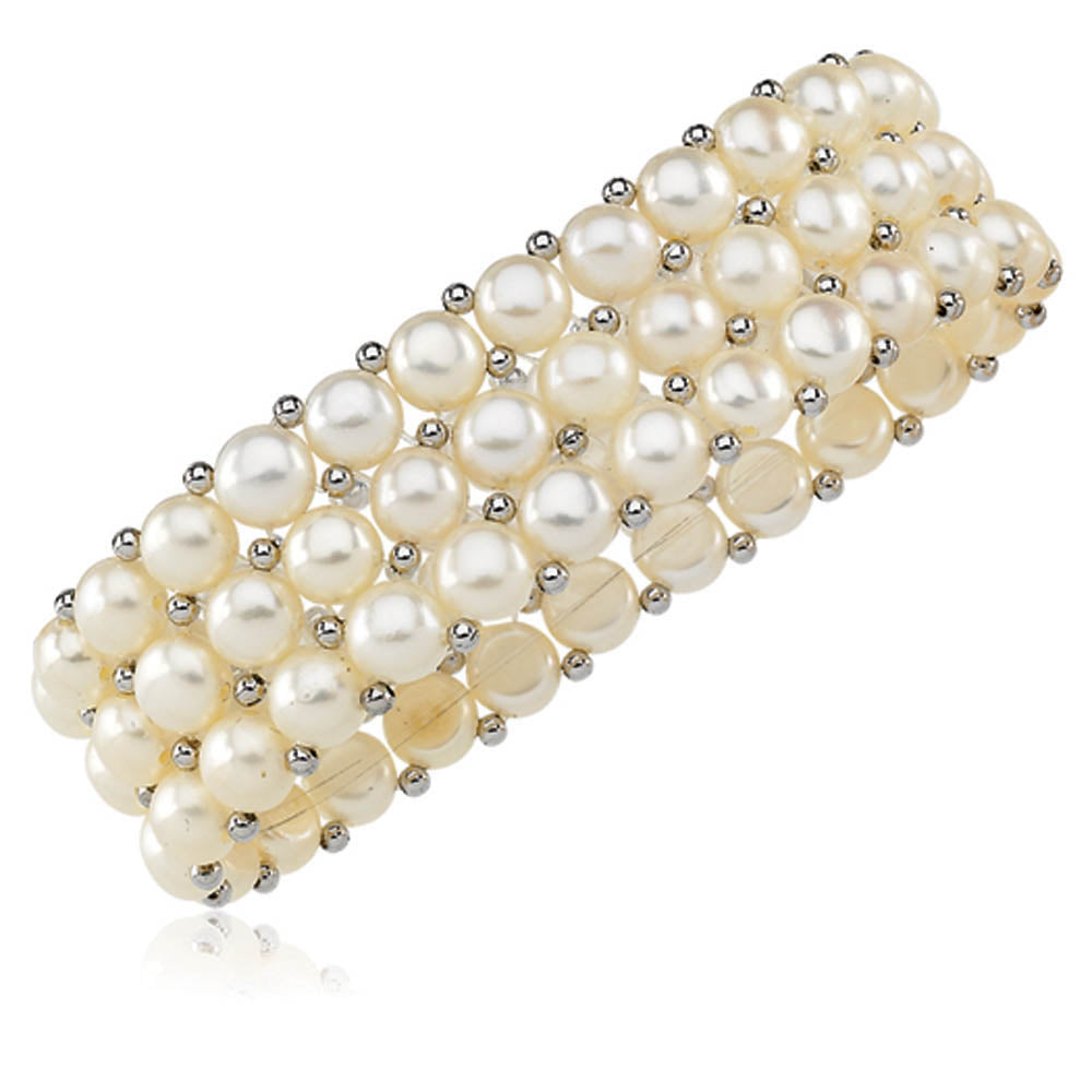 FW Cultured White Button Pearl & Sterling Silver Bead Stretch Bracelet, Item B8016-SS by The Black Bow Jewelry Co.
