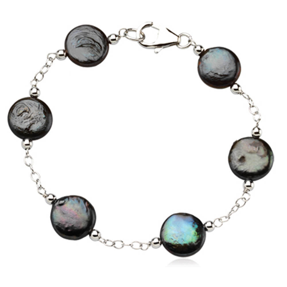 Black FW Cultured Black Coin Pearl & Sterling Silver 7.5 Inch Bracelet, Item B8084 by The Black Bow Jewelry Co.