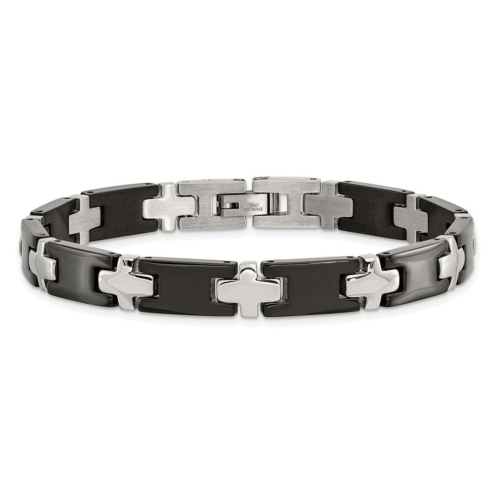 Alternate view of the Men&#39;s Stainless Steel and Black Plated Cross Link Bracelet, 8.25 Inch by The Black Bow Jewelry Co.