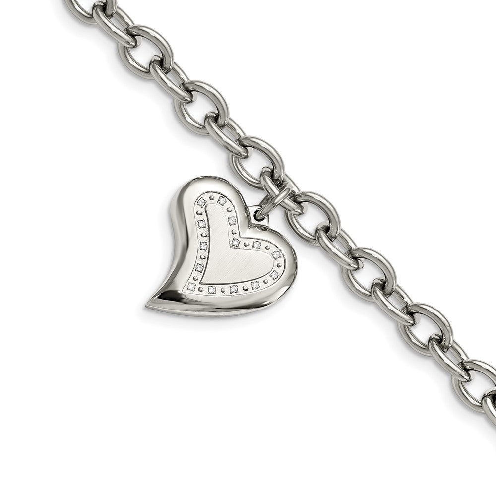 Women&#39;s Stainless Steel Heart and CZ Charm Bracelet, 7.5 Inch, Item B8176 by The Black Bow Jewelry Co.