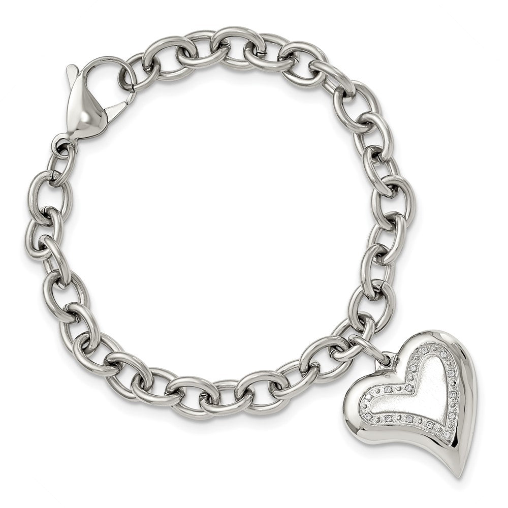 Alternate view of the Women&#39;s Stainless Steel Heart and CZ Charm Bracelet, 7.5 Inch by The Black Bow Jewelry Co.