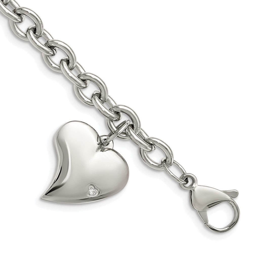 Women's 6mm Stainless Steel Heart and CZ Charm Bracelet, 7.5 Inch, Item B8177 by The Black Bow Jewelry Co.