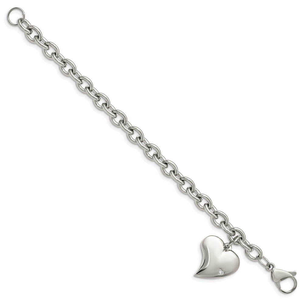 Alternate view of the Women's 6mm Stainless Steel Heart and CZ Charm Bracelet, 7.5 Inch by The Black Bow Jewelry Co.
