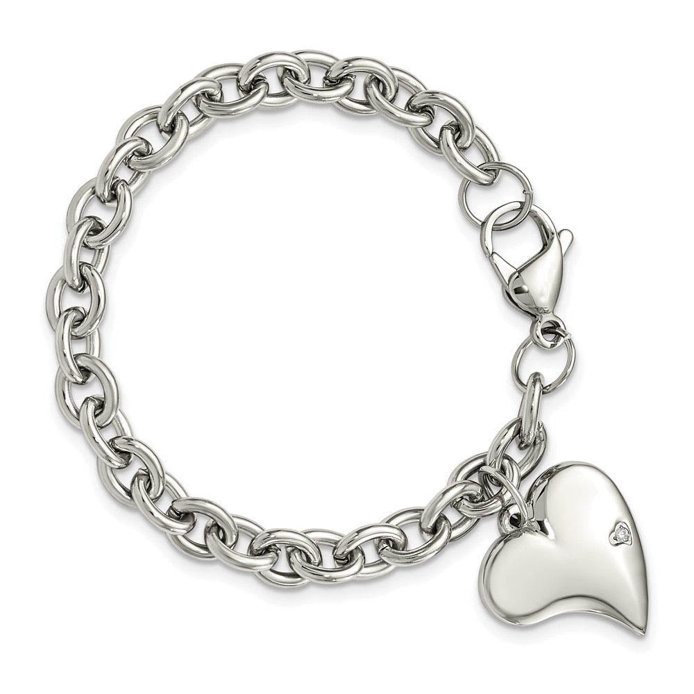 Alternate view of the Women's 6mm Stainless Steel Heart and CZ Charm Bracelet, 7.5 Inch by The Black Bow Jewelry Co.